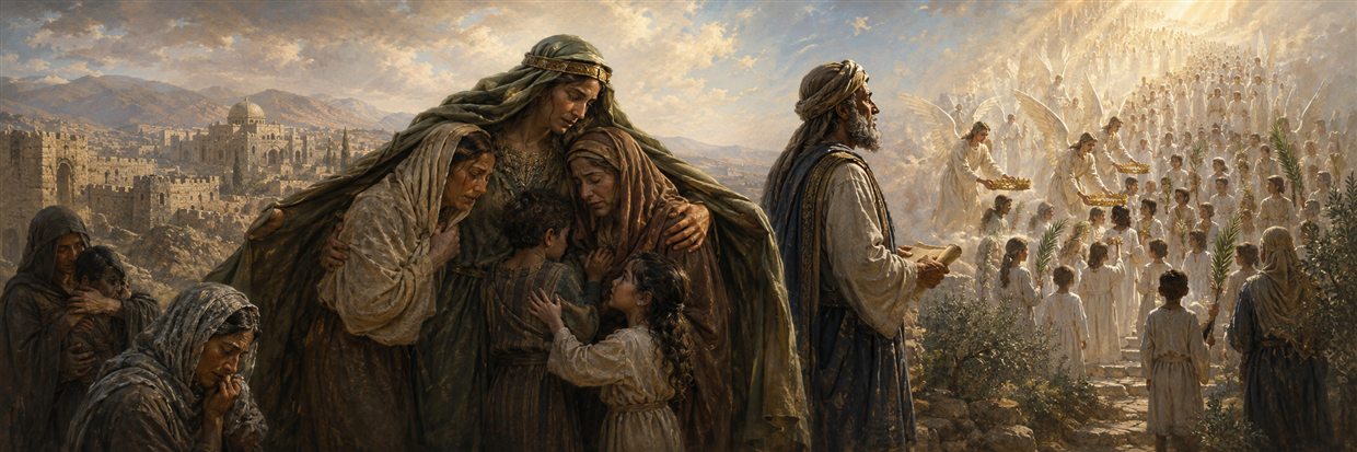 A grieving mother shelters vulnerable children as Ezra beholds a radiant multitude receiving palms and crowns